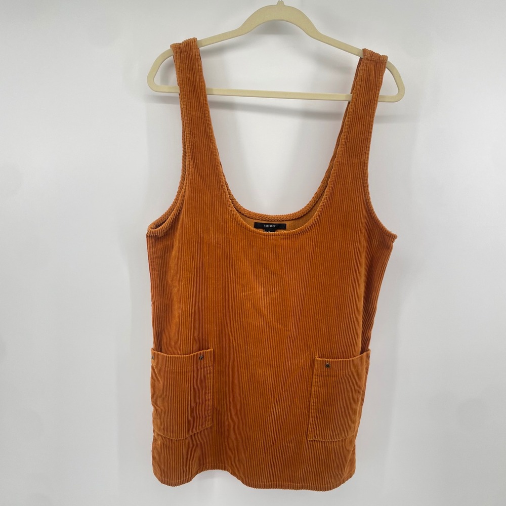 Forever 21 Corduroy Dress Womens Medium Orange Scoop Neck Pocket Mini Pinafore